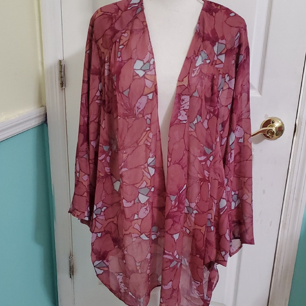 The Muses Lounge Boho Hippie Mauve Floral Sheer Kimono Cardigan XL